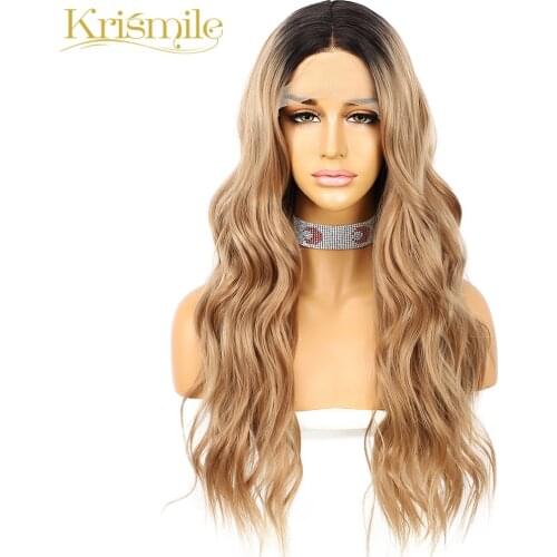Krismile Long Wavy Synthetic Lace Wigs T Part Ombre Light Brown Middle Part Wig High Temperature Party Cosplay Daily for Women
