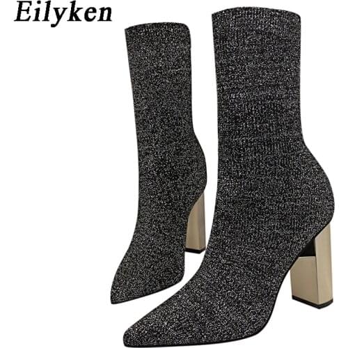 Eilyken 2021 Women Fetish Stretch Sock Boots Metal Block High Heels 9.5cm Short Ankle Boots Chunky Stripper Shoes