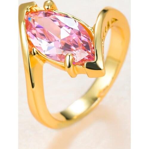Elegant Pink Crystal Ring Marquise Zircon Stone Rings For Women Wedding Jewelry Vintage Fashion Yellow Gold Geometric Ring Gifts