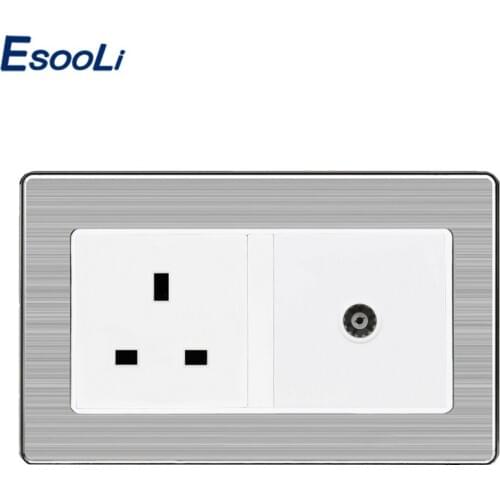 Esooli Stainless Steel Brushed Panel UK Standard Wall Socket+Female TV Jack Double Outlet 146 mm * 86 mm Wall Socket