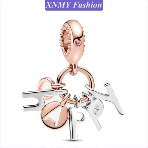 European Beads Fit Original Charm Bracelet DIY Jewelry Making Rose Gold Color Happy Letter Dangle Charms Beads Necklaces Berloqu