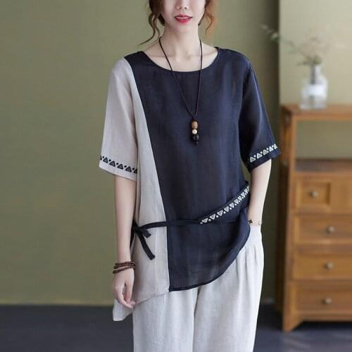 Fashion Women Color Patchwork T-shirt Cotton Linen Tops O-Neck Half Sleeve Casual Loose Belt Tshirt 2021 Summer Vintage Tees New