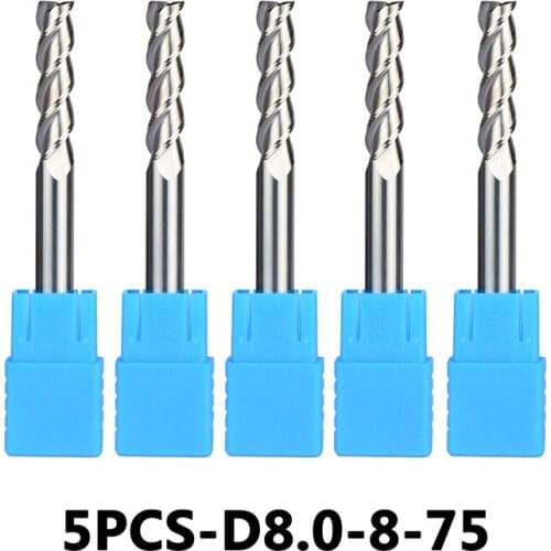 5pcs/lotD8-8-75 Tungsten Steel End Mills 3-Flute Flattened Head Milling Cutters Carbide End mills HRC45 Suitable for Aluminum