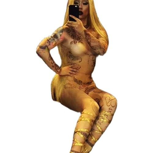 Personality Pattern Printing Tights Jumpsuit Long Sleeve Rompers Ladies Nightclub Performance Dance Show Wear Theatrical Costume