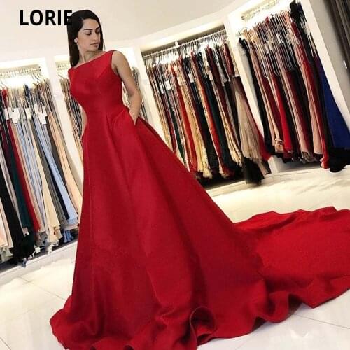LORIE A-line Red Scoop Evening Dresses 2021 Robes De Soirée Backless Court Train High Quality Satin Pleated Prom Party Gowns