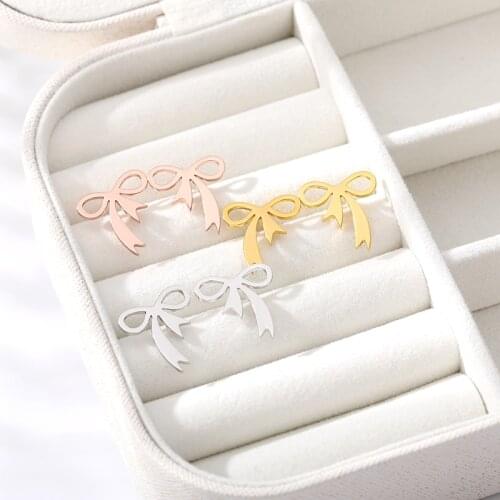 Cute Bowknot Earrings For Women Minimalism Jewelry Stainless Steel Rose Gold Bow-Knot Stud Earring Childrens Christmas Gifts