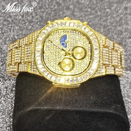 MISSFOX Mens Chronographs Watch 18K Luxury Gold Iced Out Bling Stone Jewelry Watches for Man Relogios Atacado Com Frete Gratis