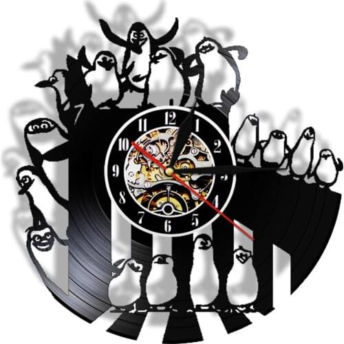 The Cartoon Penguines of Madagascar Vinyl Record Wall Clock Silent Movement Nursery Baby Bedroom Watch LED Lighting Wall Clock