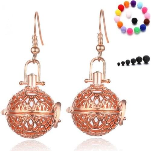 Mesh Hollowed DIY Locket Box with Felt and Lava Balls Inside Women`s Aroma Diffuser Earrings