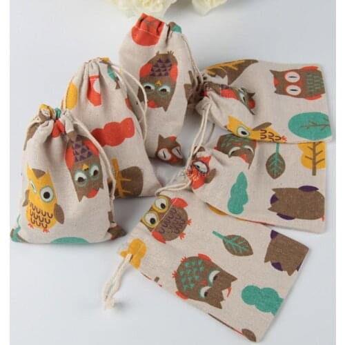 Owl Tree Linen Gift Bag 9x12cm 10x15cm 13x17cm pack of 50 Party Candy Sack Jewelry Drawstring Pouch