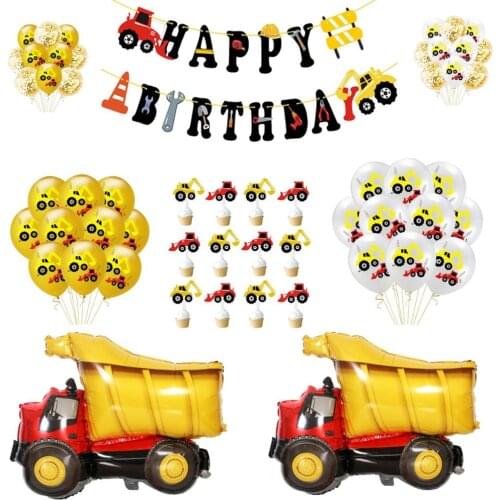 Construction Vehicle Excavator Theme Party Decor Foil Balloon Car Happy Birthday Banner Cake Topper Kids Baby Shower Party Decor