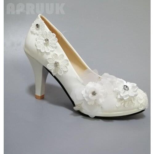 Wedding white pump shoes woman handmade sweet designer lace flowers bridal plus sizes party dancing dinner white lace pumps shoe