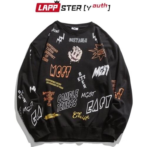 LAPPSTER-Youth Men Black Full Printed Graphic Hoodies 2021 Autumn Mens Hip Hop Streetwear Vintage Sweatshirts Male Cotton Hoodie