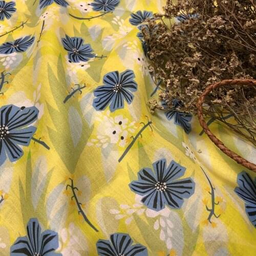 High end pure ramie fabric Blue flower print on yellow background tissu Summer thin style robe dress patchwork