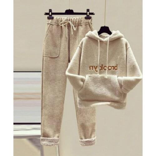 Plus Size Women Hoodies and Pants 2 Piece Set Ladies Letter Embroidery Pocket Warm Thicken Pullover Sweatshirts High Waist Suits