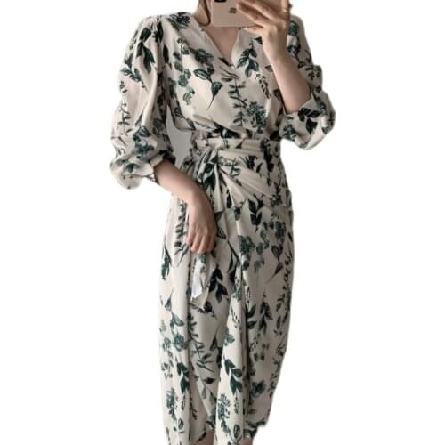 2021 Autumn Elegant Floral Irregular Women Dress Summer V-neck Long Sleeve Female Dress Spring Ladies Lace Up Vestidos