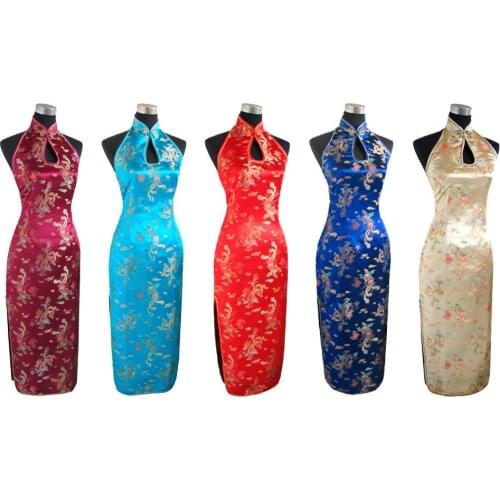 Women Dress Free Shipping Chinese Style Dragon Phoenix Backless Costume Long Cheongsam Evening Dress Qipao S M L XL 2XL 3XL