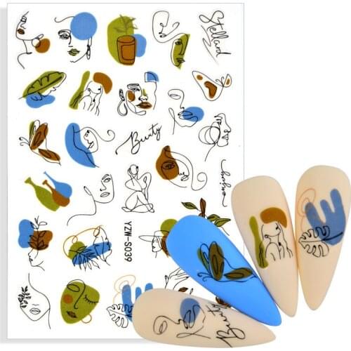 1 Sheet Abstract Lady Face Nail Stickers Black Leaf ABC Letter Water Sliders For Nails Art Decorations Manicure Decals
