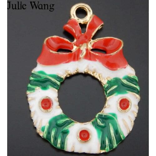 Julie Wang 10PCS Gold Tone Alloy Enamel Colorful Christmas Wreath Charm Pendant Christmas Decoration Jewelry Making Accessory