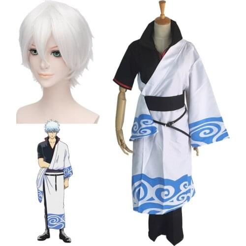 2021 Sakata Gintoki Cosplay Costume Gintama Mens Japanese Kimono Set Gintoki Wigs and Anime Costumes Halloween Party Clothes