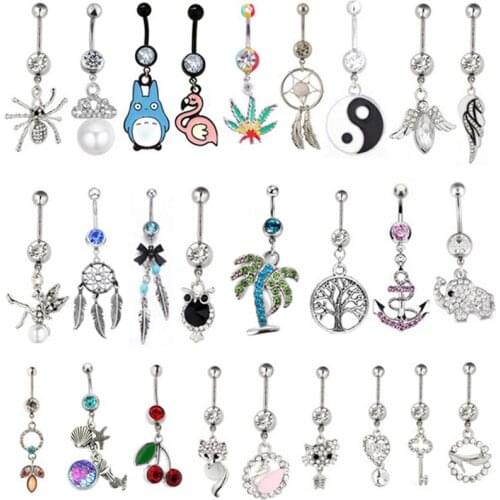 6PCS Sexy Dangle Belly Bars Classic Belly Button Rings for Women Belly Piercing Crystal Flower Body Jewelry Navel Piercing Rings