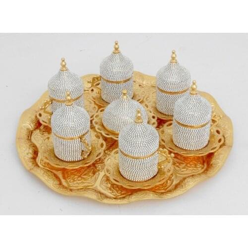 Handmade authentic Design Turkish Greek Arabic Coffee Espresso Set for 6 Service, Cups Saucers Lids Tray Delight Candy Dish GIFT
