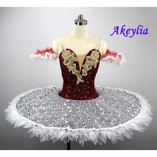 Burgundy White Professional ballet tutu classical pancake tutu costume dress for women nutcracker ballet stage costume JN0037