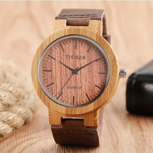 Mens Quartz Wood Watch 12 Hours Scales Display Dial Brown Genuine Leather Watch Strap Ultra-light Wooden Watch for Men Women