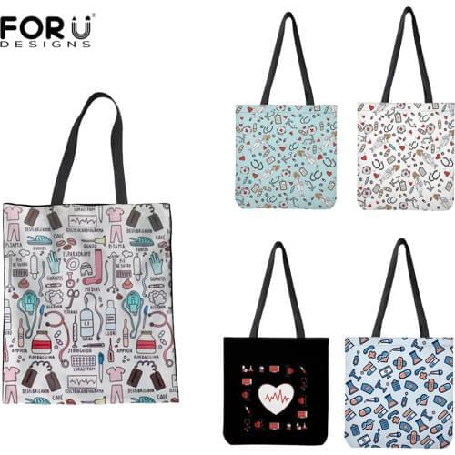 FORUDESIGNS Eco-friendly Canvas Shopping Bag Casual Reusable Folded Shoulder Bag Ladies Women Nurse Print Linen Laige Tote Bags