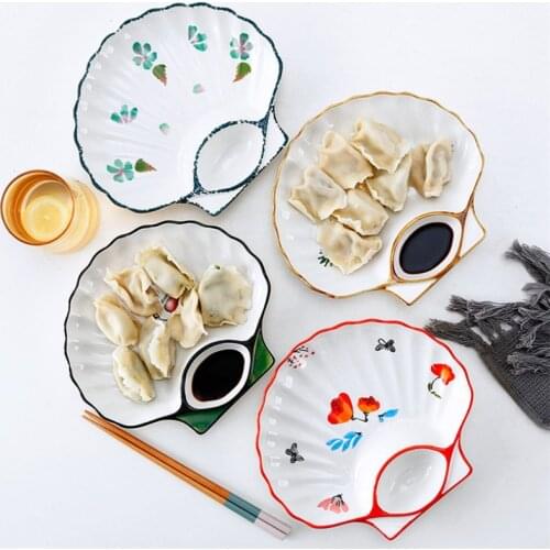 Ceramic Shell Shaped Dumpling Plate with Vinegar Dish Japanese Sushi Plate Creative Cute Restaurant Serving Plate Tableware