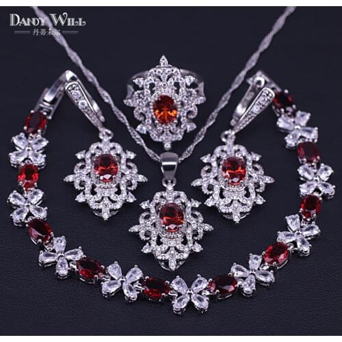 Silver color costume jewelry set earrings-rings-necklace-bracelets Set for women red garnet white CZ fashion jewelry