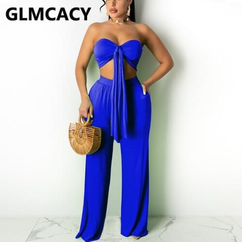 Two Pieces Sets Women Strapless Bow Knot Top & High Waist Wide Leg Pants