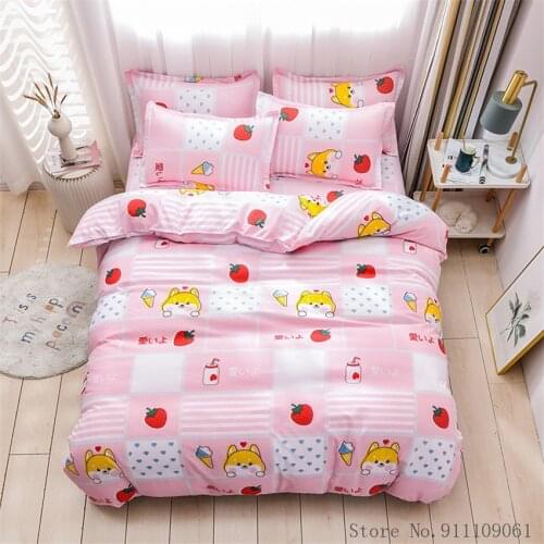 Home Textile Pink Strawberry Dog Pattern Bedding Set Children Adult Duvet Cover Flat Sheet Pillowcases King Twin Size Bedclothes