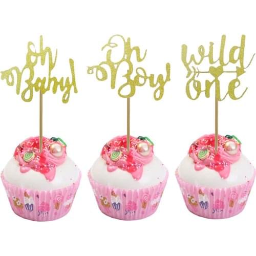 10 Pcs/set Cute Gold Glitter Oh Baby Oh Boy Wild One Cupcake Toppers Happy Birthday Party Baby Shower Cake Decorations Favors