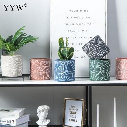 Nordic Leaf Pattern Cement Flower Pot Cylindrical Office Floor-Standing Ornaments Succulent Green Plants Flower Potted Plants