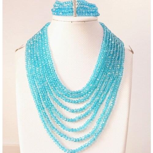 New sky blue crystal glass 4x6mm fashion beads 8 rows chain necklace 5 rows bracelet jewelry set B854