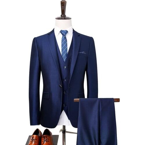 New Top Grade 2020 Arrivals Workplace Stage Wear Men Business Slim fit Classic Solid Man Banquet Suit Set 3 Pieces Blue 877