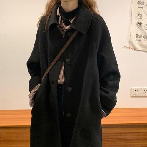 Pure Color Mid-length Cat Woolen Coat Womens Autumn 2021 Korean Style Loose Temperament Long-sleeved Woolen Coat Qm