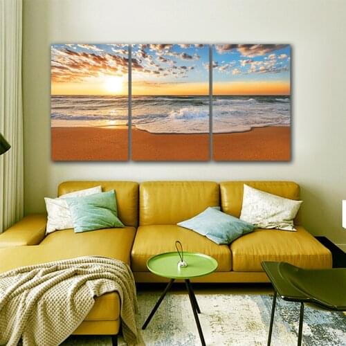Landscape 3panels wall painting art HD sunset seascape beach canvas painting for living room wall decoration