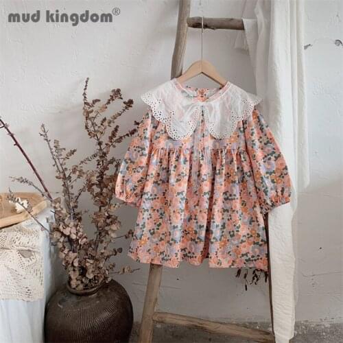 Mudkingdom Girls Dress Fashion Floral Turn-down Collar Lace Long Puff Sleeve Dresses for Little Girl Spring Autumn Clothes
