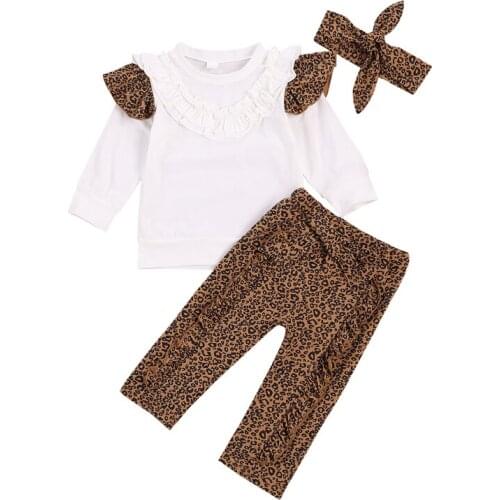 Pudcoco 1-5Years Toddler Children Baby Crew Neck Lace Long Sleeve Top+Leopard Ruffle Trousers Bow Hairband 3Pcs Outfits Sets