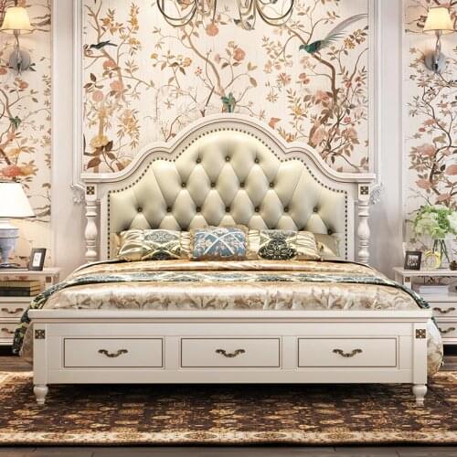 Modern european solid wood bed Fashion Carved leather french bedroom furniture c1903