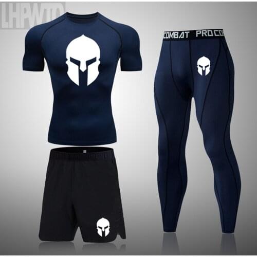 Spartan Mens Compression Sportswear Suits Gym Tights Training Clothes Workout Jogging Sports Set Running Tracksuit Men T-shirt