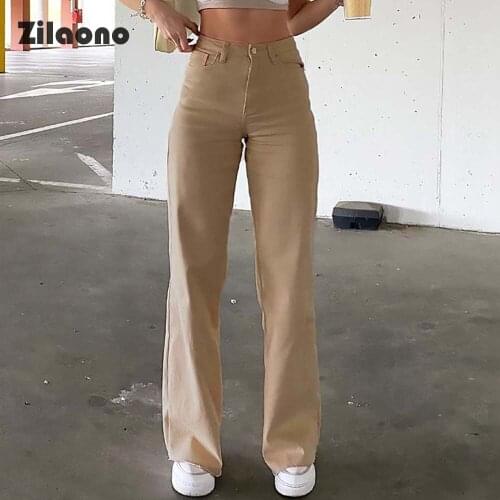 Loose Basics Pure Colour Full Length Jeans Solid High Waisted Slim Casual Trousers Classic Button Zipper Fly Straight Jeans