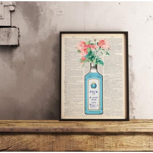 Vintage Gin Reading Poster, Floral Poster Print, Floral Art, Books, Vintage Wall Art, Gift Idea, Alcohol Art, Quote Poster