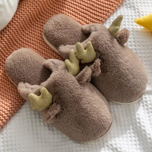 2020 Women Indoor Warm Slippers Female House Christmas Cute Antler Decor Cotton Shoes Cute Winter Bedroom Furry Couple Slippers