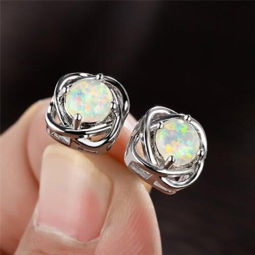 Rainbow Fire Stone Earrings White Round Opal Stud Earrings For Women Engagement Jewelry Vintage Silver Color Wedding Earrings