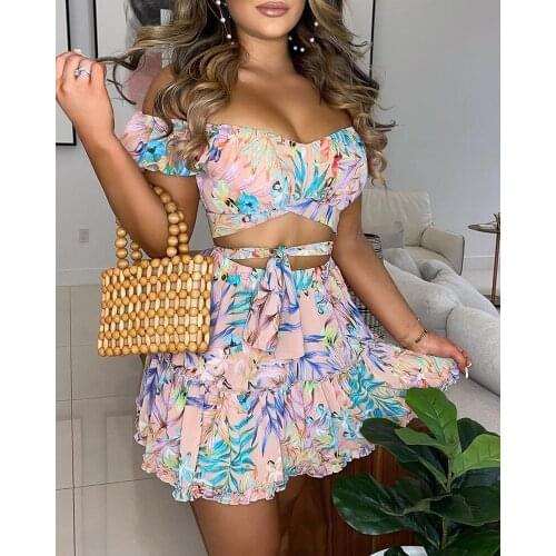 Spring Off Shoulder Floral Print Top & Frill Hem Skirt Set Women Sets 2 Piece Set 2021