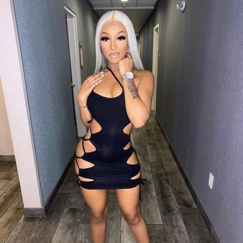 2021 New Style Women Sexy Hollow Out Dress Black Solid Color U-shaped Neck Sleeveless Skinny Short Mini Dress Summer