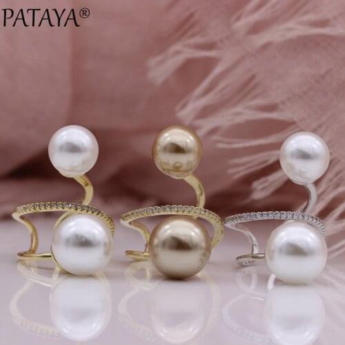 PATAYA New Double Shell Pearl Rings White Round Natural Zircon Wedding Women Fashion Jewelry 585 Rose Gold Hyperbole Open Rings